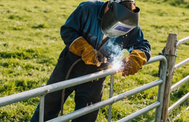 jimeng-2025-09-08-1701-内容：穿焊工服、没带焊帽，在焊接围栏，背景是农场草坪