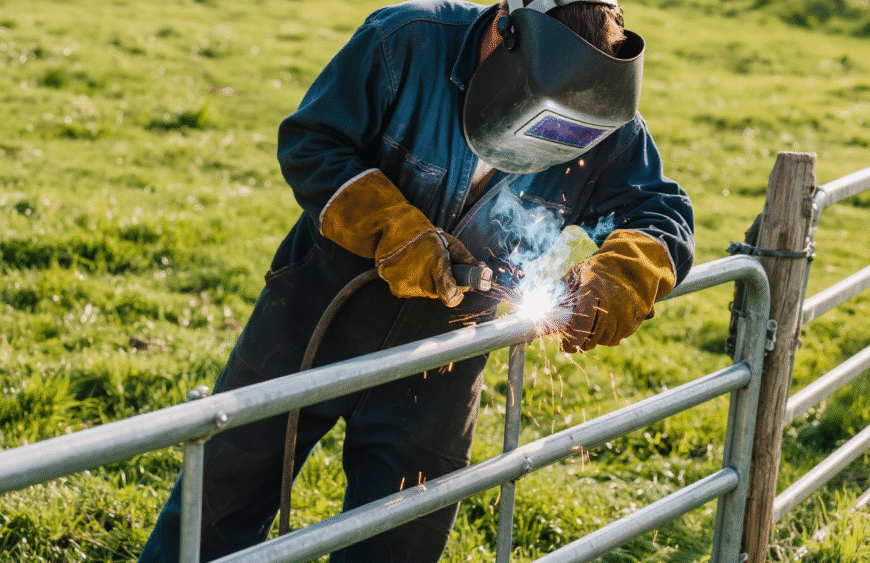 jimeng-2025-09-08-1701-内容：穿焊工服、没带焊帽，在焊接围栏，背景是农场草坪