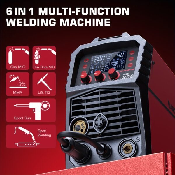 ARCCAPTAIN 6 In 1 200Amp MIG200 Welder Set, Multi Process Welding Machine, 110/220V Dual Voltage MIG Welding Machine, Support Gas MIG/Flux Core MIG/ARC/Lift TIG/Spot Welding/Spool Gun