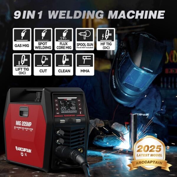 9in 1 MIG205MP MIG Welder 205A Plasma Cutter/Gas/Gasless MIG/Spool Gun/DC HF/Lift TIG/Clean/Stick Aluminum Welding Machine