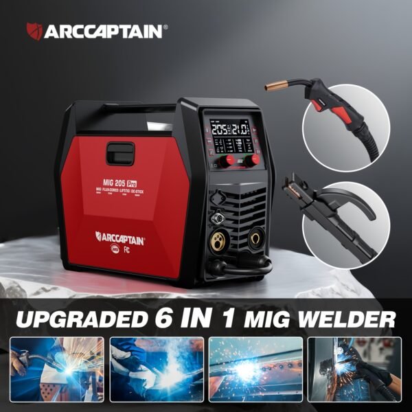 [6-in-1 MIG Welder] 6-in-1 MIG205 Pro MIG Welder | 205A Gas MIG/Gasless Flux MIG/MMA Stick/Lift TIG/Spot Welding/Spool Gun Aluminum Welding Machine, Professional Welder