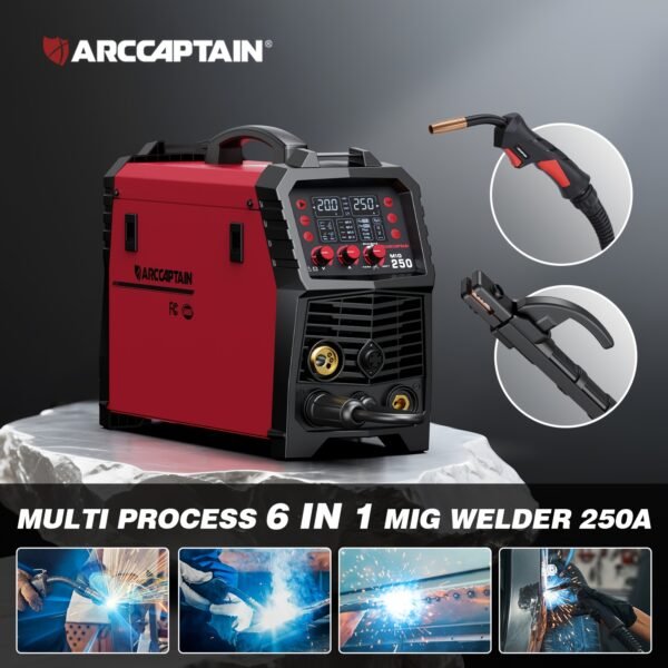 MIG250 Welder, 250Amp 110V/220V Dual Voltage, MlG Welder With GasMIG/Gasless Flux Core MlG/Stick/Lift TlG/Spool Gun/Spot, Welding Machine With LEDDigital Display
