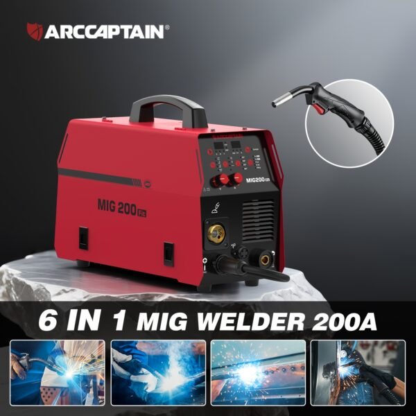 6-in-1 200A MIG Welder Multiprocess Welder - Gas/Flux Core/MIG/Lift TIG/Stick/Spool Gun/Spot Welding, 110V/220V Dual Voltage Industrial Welding Machine with Digital Control Panel & Safety Features for Professional Workshops