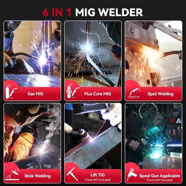 [6-in-1 MIG Welder] 6-in-1 MIG205 Pro MIG Welder | 205A Gas MIG/Gasless Flux MIG/MMA Stick/Lift TIG/Spot Welding/Spool Gun Aluminum Welding Machine, Professional Welder